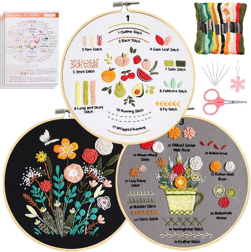 Santune 3 Pack Beginner Embroidery Kits for Adults DIY Starter Kit with 33 Stitch Techniques, Stamped Patterns, Embroidery Hoop, Colorful Threads,Stitch Video Tutorial - Image 1